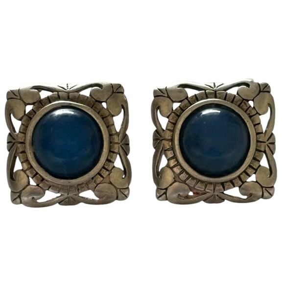 Jezlaine Square Blue Chalcedony Sterling Silver Post Stud Earrings Vintage - Picture 3 of 8